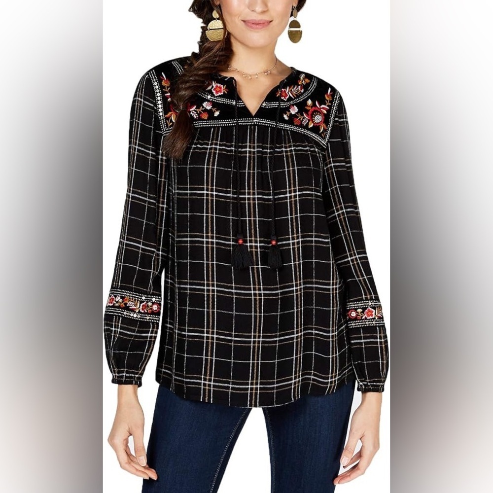Style & Co. Embroidered Plaid Peasant Top Large Black Floral Tassels Velvet Boho